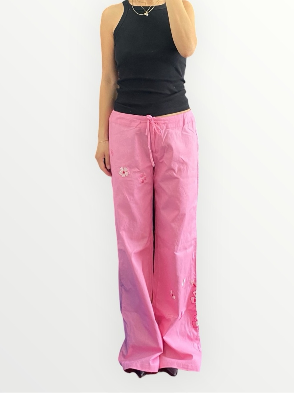 NEW Vintage bebe Flower Embroidered Flare Low Waist Pants Size 13/14